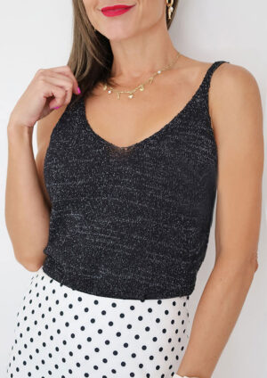 Arial Plunging Knit Strappy Black Top
