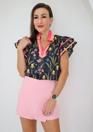 Corney Coral Trim Ruffled Short Sleeve Blouse