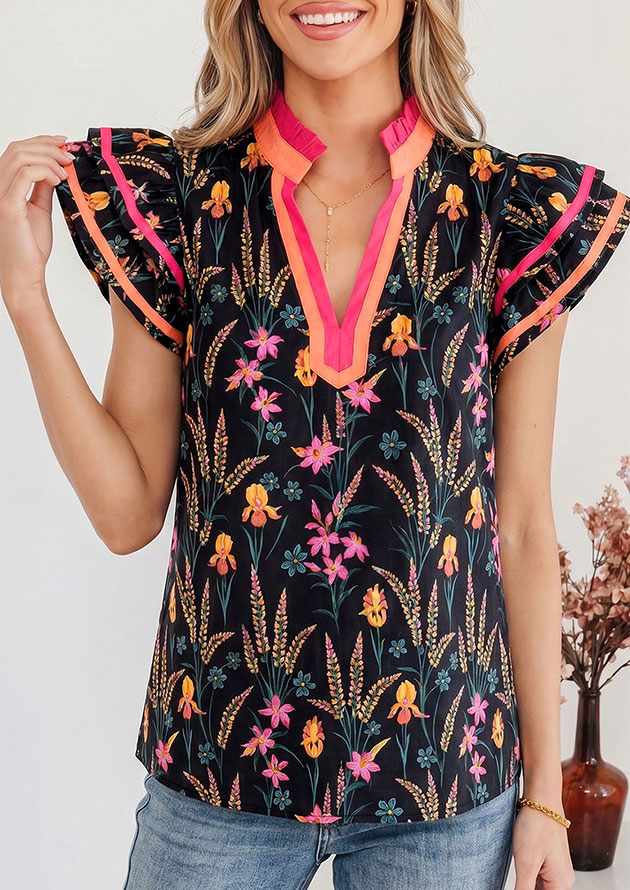 Corney Coral Trim Ruffled Short Sleeve Blouse