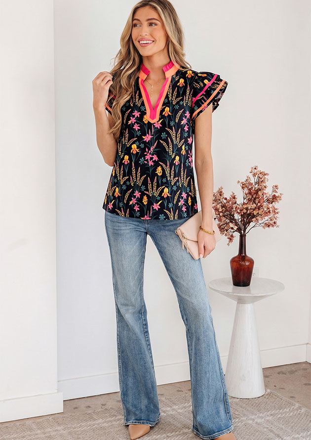 Corney Coral Trim Ruffled Short Sleeve Blouse - Image 4
