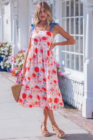Dolce Blue Denim Tie Knot Red High Waist Dress