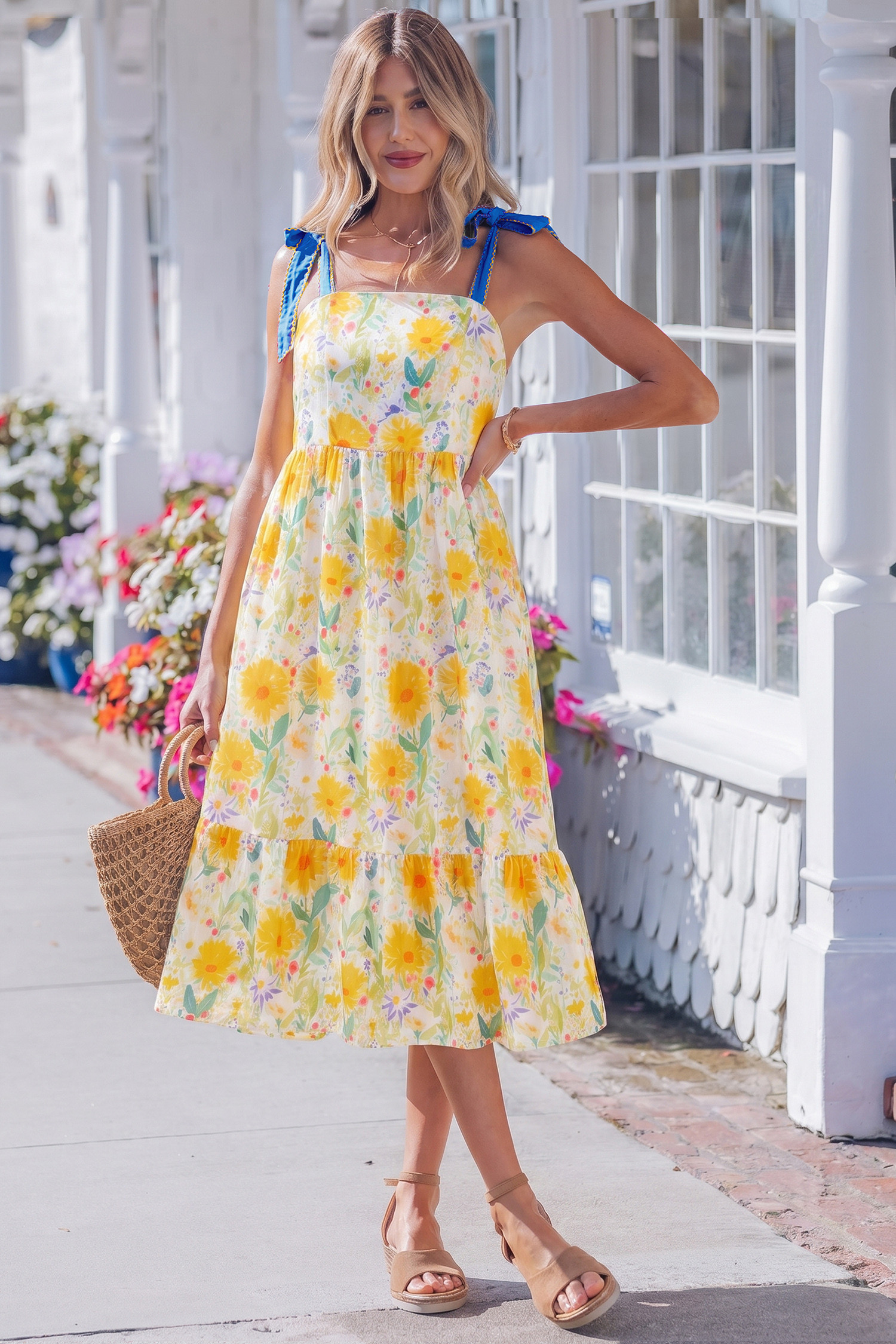 Dolce Blue Denim Tie Knot Yellow High Waist Dress