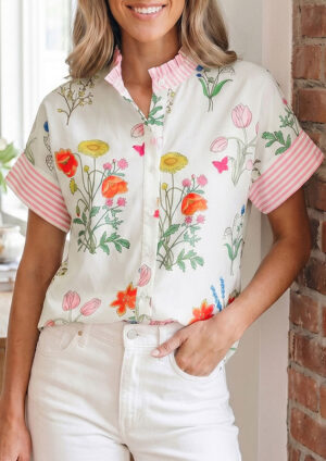 Dolly Floral Striped Collar Short Sleeve Shirt
