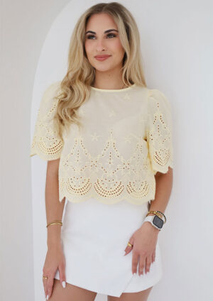 Eldean Eyelet Yellow Puff Sleeve Crop Top