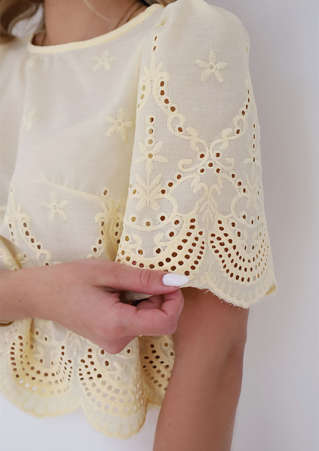 Eldean Eyelet Yellow Puff Sleeve Crop Top - Image 2