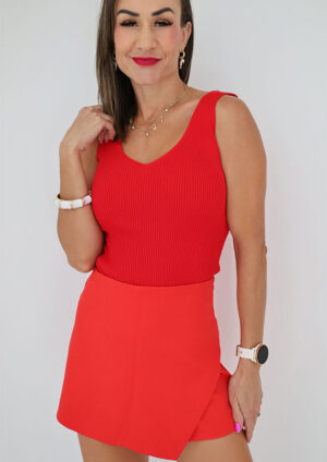 Karen Ribbed V Neck Red Top