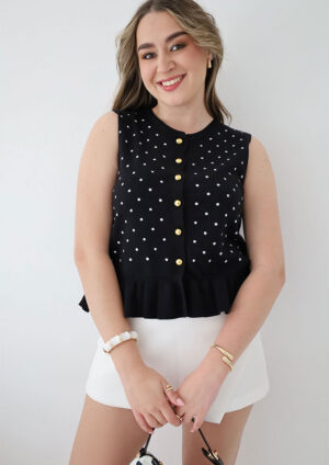 Lee Donna Black Polka Ruffle Top