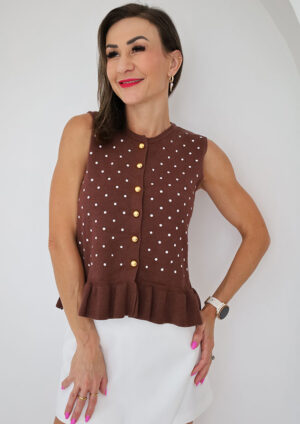 Lee Donna Brown Polka Ruffle Top