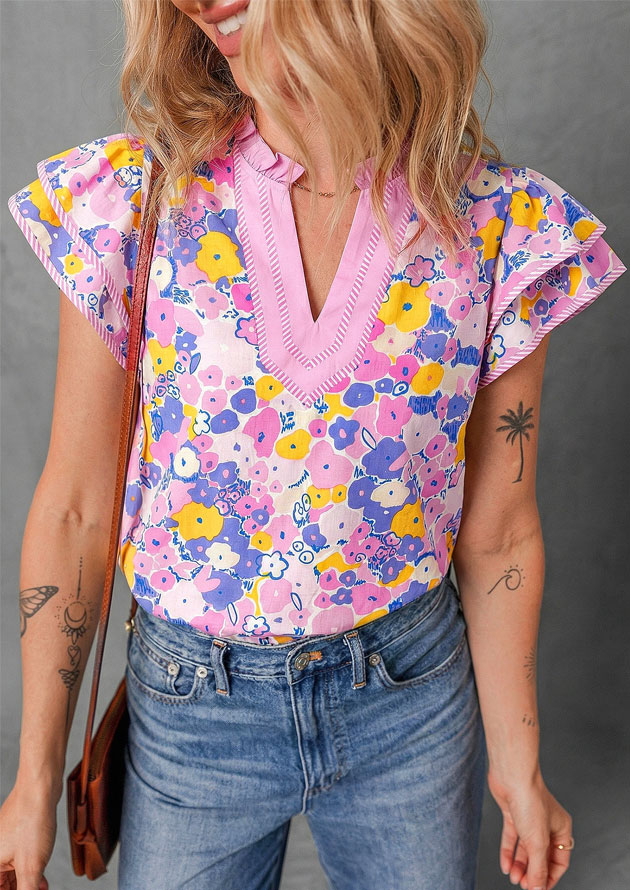 Mally Floral V Neck Flutter Short Sleeve Top