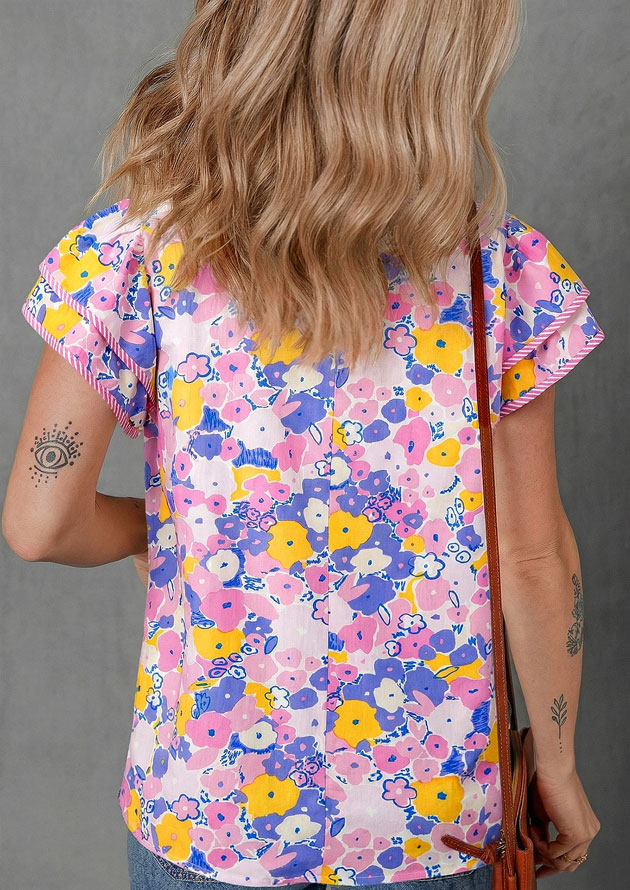 Mally Floral V Neck Flutter Short Sleeve Top - Image 2
