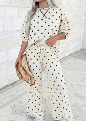 Mom Day Polka Half Sleeve Top and Pants Beige Co-Ord Set