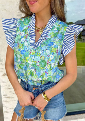 Monet Paint Floral Flutter Short Sleeve Blouse
