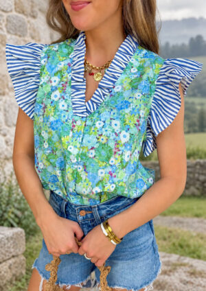 Monet Paint Floral Flutter Short Sleeve Blouse