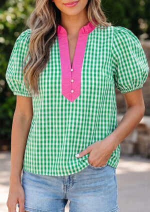Renaldi Plaid Bubble Sleeve Green Blouse