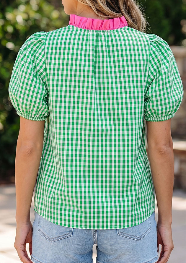 Renaldi Plaid Bubble Sleeve Green Blouse - Image 2