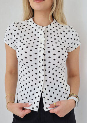 Riley Button Down Knit White Polka Top