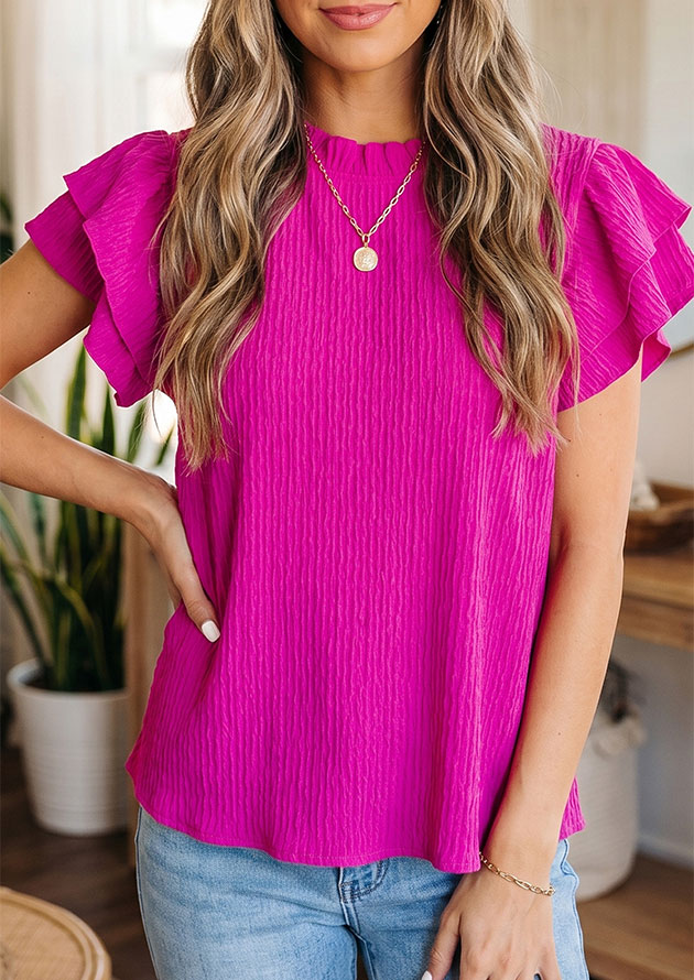 Suzy Textured Flutter Short Sleeve Rose Red Blouse