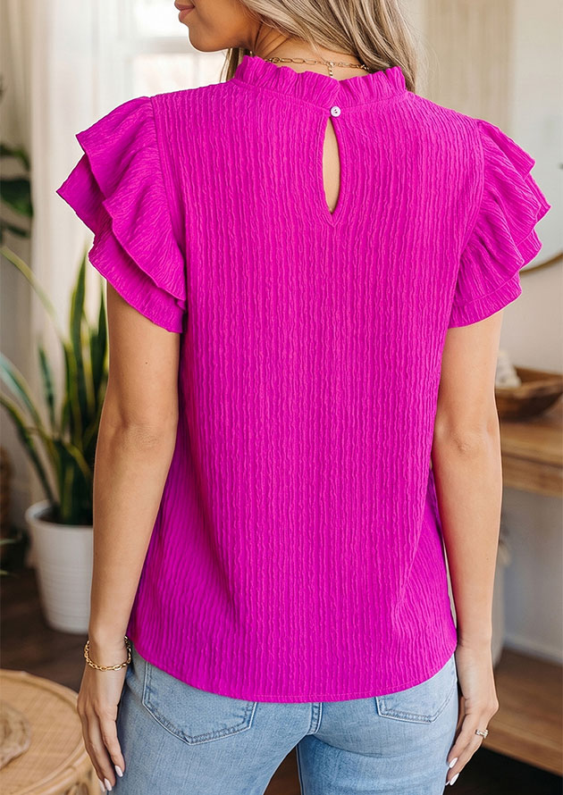 Suzy Textured Flutter Short Sleeve Rose Red Blouse - Image 2