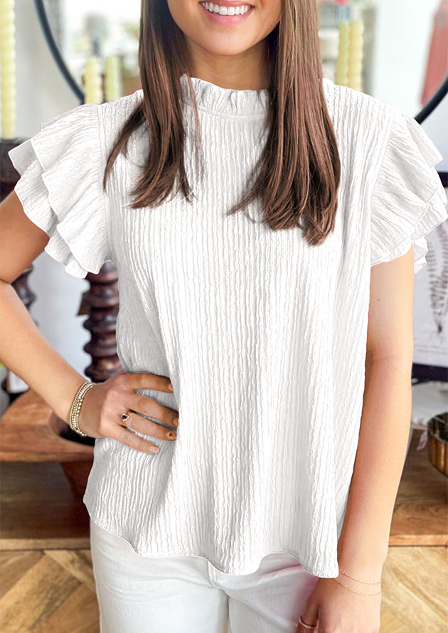 Suzy Textured Flutter Short Sleeve White Blouse