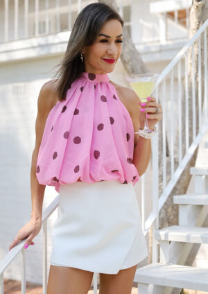Tatiana High Neck Sheer Pink Polka Top