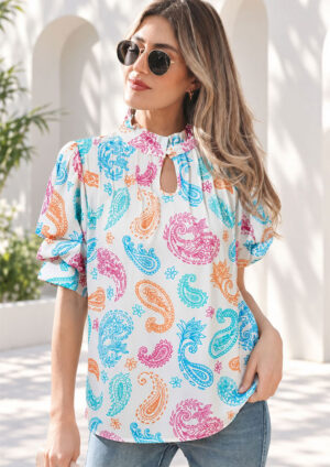 Clifton Cove Printed Keyhole Neck Flutter Sleeve Top