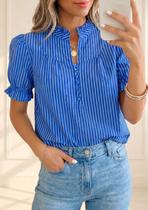 Kensington Stripe V Neck Puff Sleeve Blue Top
